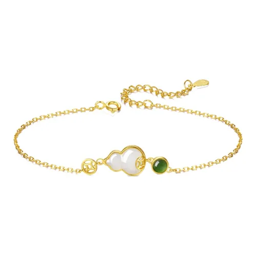 SEVEN COOK S925 Silver Gourd And Coin Hetian Jade Bracelet Women's Pale Greenish-White Jade