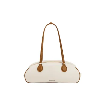 AMAZING SONG Cow Leather Commute OL Baguette Bag Shoulder Bag Large Size Women's Oatmeal White/Elegant Black
