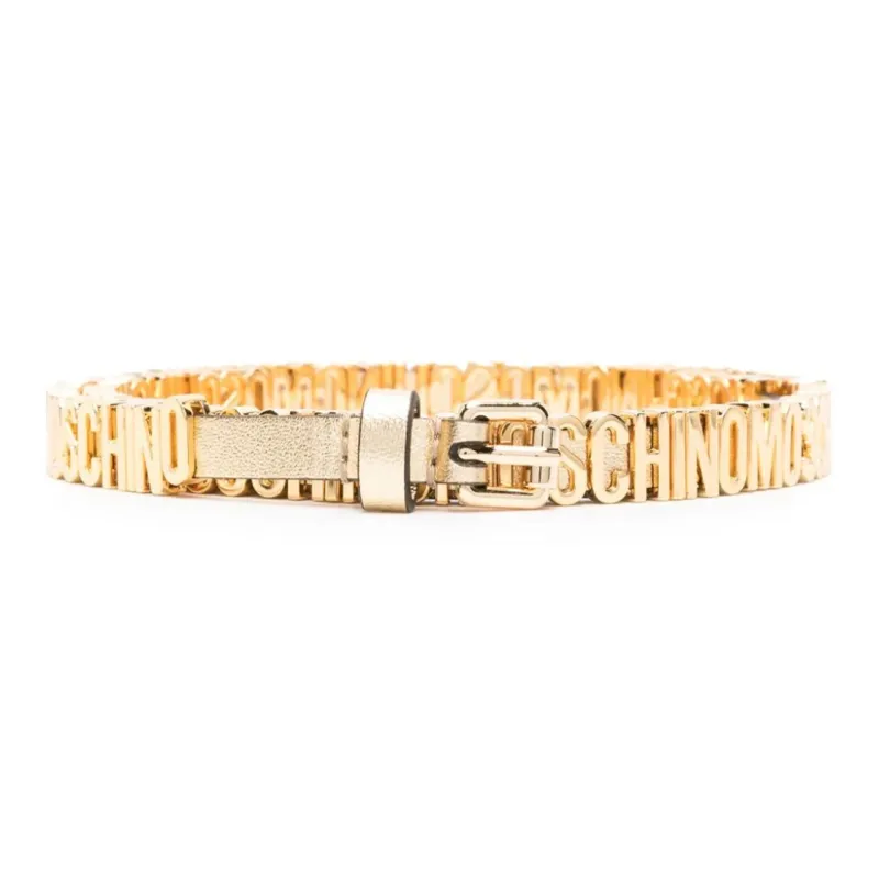 MOSCHINO Logo Letter Slim Pin Buckle Leather Belts Women's Gold Width: 1.5cm-0
