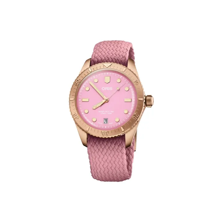 Oris Automatic Mechanical Movement Unisex Watch 38mm Pink Watch Dial Bronze Watch Case Fabric Strap-0