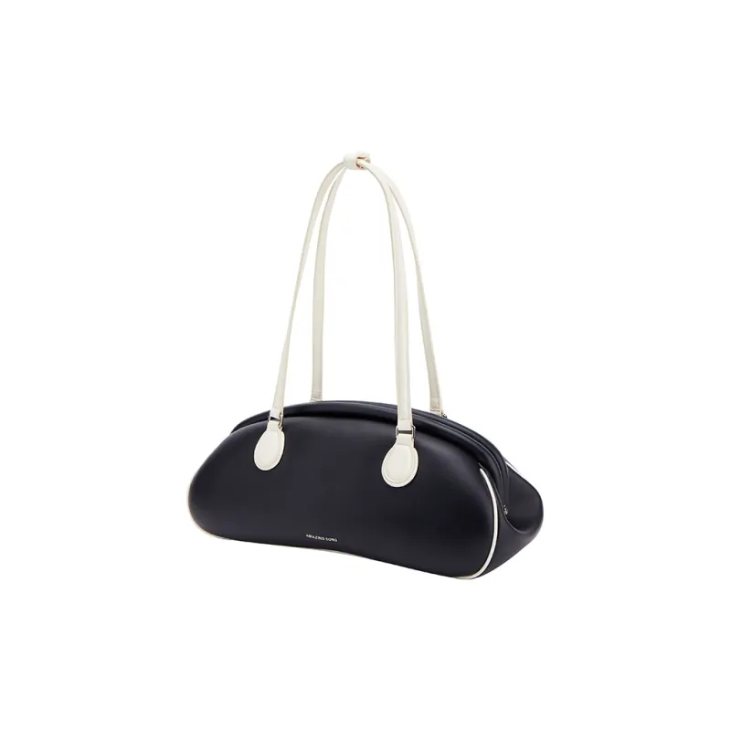 AMAZING SONG Cow Leather Commute OL Baguette Bag Shoulder Bag Large Size Women's Oatmeal White/Elegant Black-9