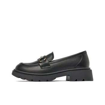 JOSINY British Style Round Tip Small Leather Shoes For Women's Loafers 4cm Black