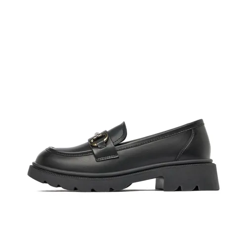 JOSINY British Style Round Tip Small Leather Shoes For Women's Loafers 4cm Black