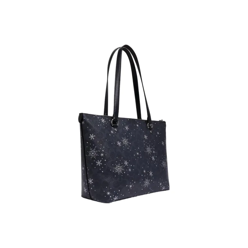 COACH Canvas Monogram With Cow Leather Tote Bag Shopping Bag Shoulder Bags Women's Navy Blue-3