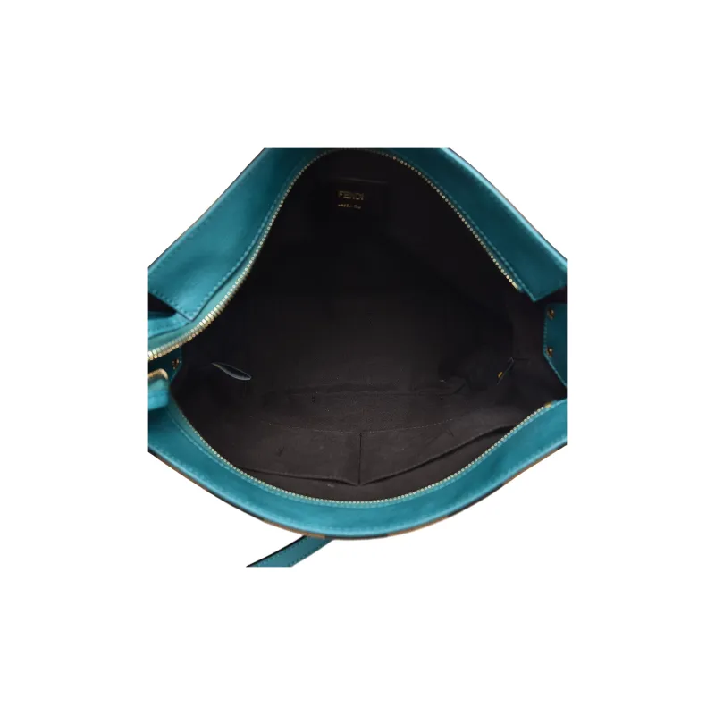 FENDI Leather Paneled Canvas Bucket Bag One Shoulder Canvas Bag Crossbody Bag Women's Tobacco And Turquoise-3