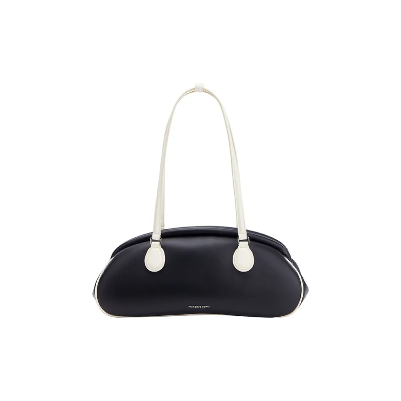 AMAZING SONG Cow Leather Commute OL Baguette Bag Shoulder Bag Large Size Women's Oatmeal White/Elegant Black-8