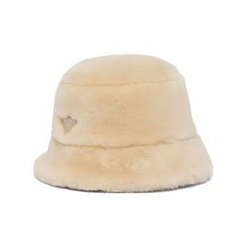 PRADA Silk, Sheepskin, Leather, And Fur Bucket Hats Women's White
