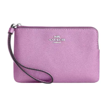 COACH Corner Zip Leather Clutch Wrist Bag Trumpets Women's Metal Lilac Purple