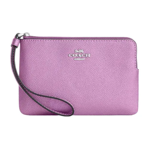 COACH Corner Zip Leather Clutch Wrist Bag Trumpets Women's Metal Lilac Purple