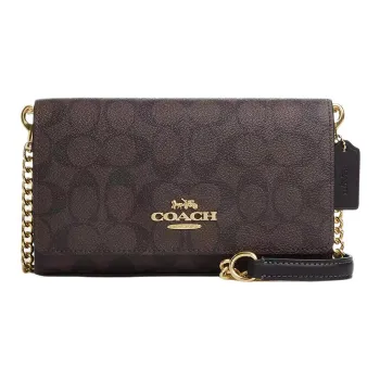 COACH Flap Canvas With Leather Shoulder Bag Crossbody Bag Small Size Women's Brown Black