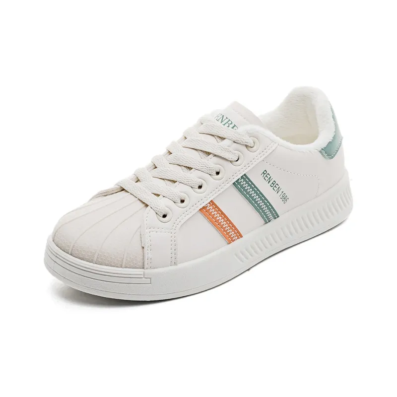 RENBEN Warm Water Resistant Wear Resistant Lightweight Low Top Skateboard Shoes Women's Beige Green-2