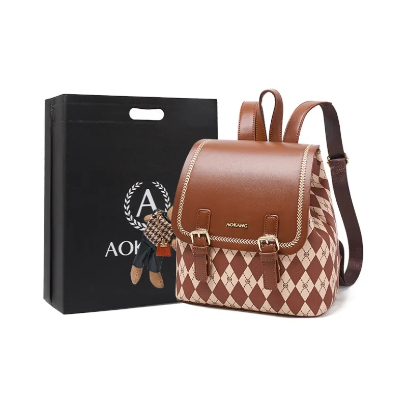 AOKANG PVC With Synthetic Leather Backpack Medium Size Women's Black/Coffee Brown/Cream Apricot-5