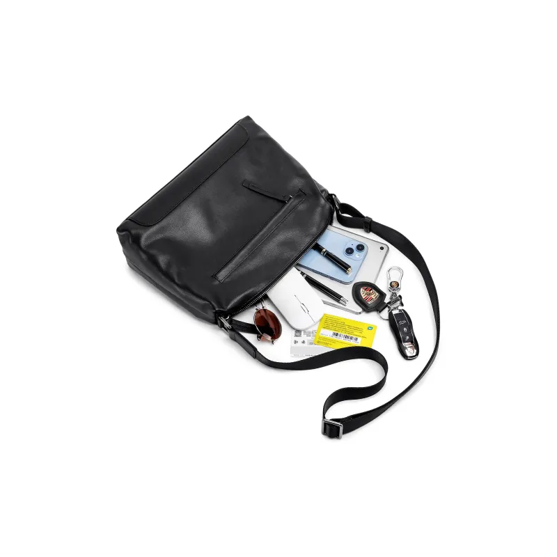 Ace Paul Litchi Grain Top Grain Cow Leather Crossbody Bag Shoulder Bag Medium Size Unisex Black-6