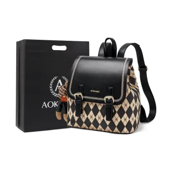 AOKANG PVC With Synthetic Leather Backpack Medium Size Women's Black/Coffee Brown/Cream Apricot