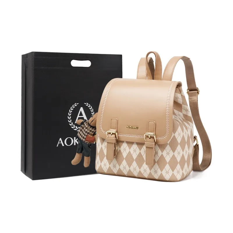 AOKANG PVC With Synthetic Leather Backpack Medium Size Women's Black/Coffee Brown/Cream Apricot-7
