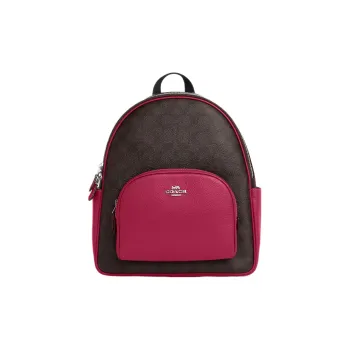 COACH Court Coated Canvas With Genuine Stone Grain Leather Backpack Large Size Women's Silver Brown Bright Purple