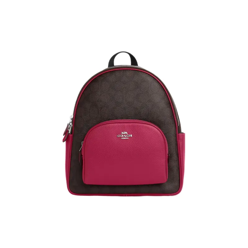 COACH Court Coated Canvas With Genuine Stone Grain Leather Backpack Large Size Women's Silver Brown Bright Purple-0