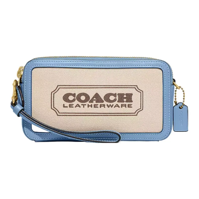 COACH Kira Canvas With Refined Calfskin Clutch Camera Bag, Shoulder Bag, Crossbody Bag Small Size Women's White & Blue-0