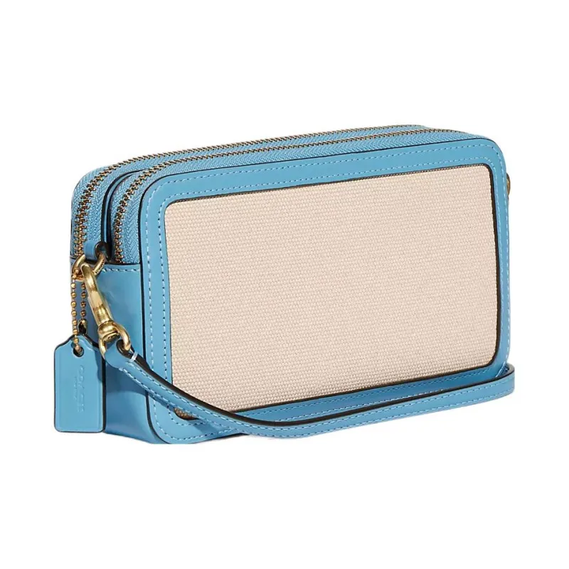 COACH Kira Canvas With Refined Calfskin Clutch Camera Bag, Shoulder Bag, Crossbody Bag Small Size Women's White & Blue-1