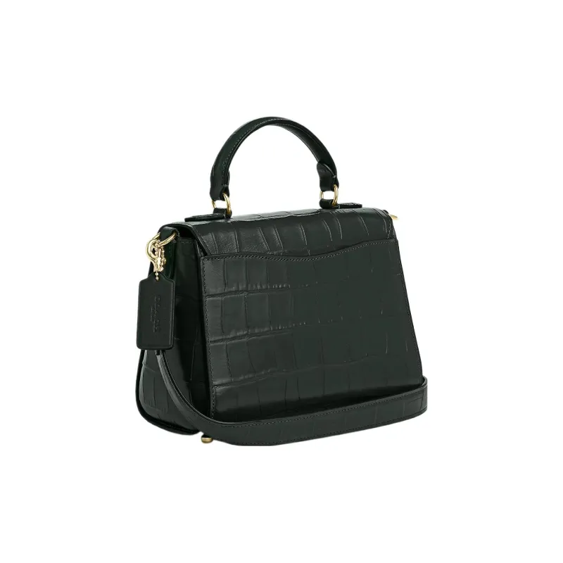 COACH Crocodile Embossed Leather Shoulder Bag Crossbody Bag Handbag Small Size Women's Gold & Amazon Green-1