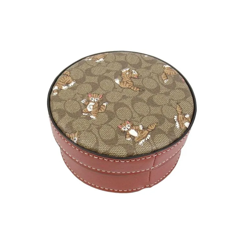 COACH Iconic Coated Canvas With Smooth Leather Coin Purse Makeup Case Mini Women's Khaki-1