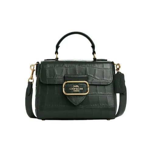 COACH Crocodile Embossed Leather Shoulder Bag Crossbody Bag Handbag Small Size Women's Gold & Amazon Green