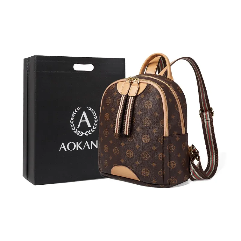 AOKANG PVC Portable Backpack Monogram Bag Commuter Bag Regular Women's Coffee/White-0
