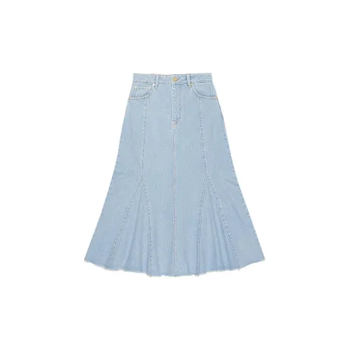 GANNI Denim Long Skirts Women's Light Blue