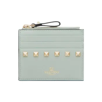 Valentino Rockstud Calfskin Coin Purses Card Holders Women's Aquamarine Stone Color