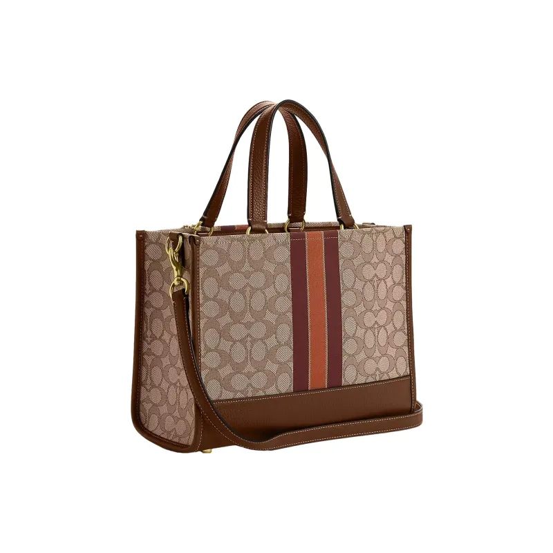 COACH Dempsey Fabric Cow Leather Patchwork One Shoulder Handbags Large Size Women's Khaki & Saddle Brown-1