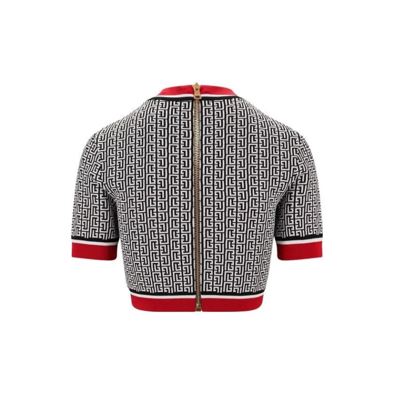 BALMAIN Jacquard Monogrammed Crop Top 'Black/White/Red'-1