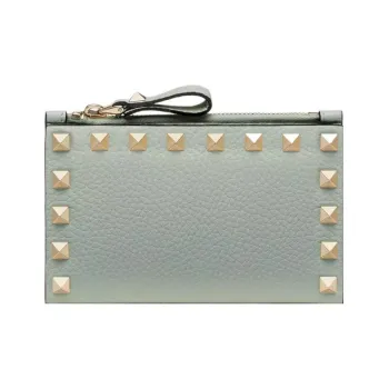 Valentino Rockstud Grained Calfskin Card Holder Women's Aqua Green