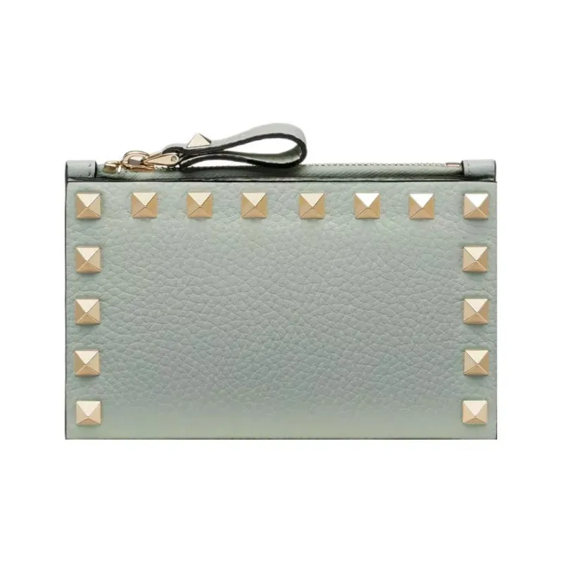 Valentino Rockstud Grained Calfskin Card Holder Women's Aqua Green-0