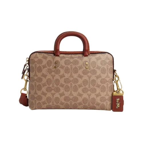 COACH Rogue Canvas With Leather Briefcase One Shoulder Handbag Crossbody Bag Medium Size Men's Tea Brown