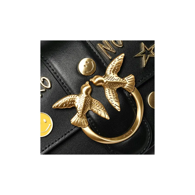 PINKO Cow Leather Swift Bag Shoulder Bag Crossbody Bag Small Size Women's Black/Black Gold-4