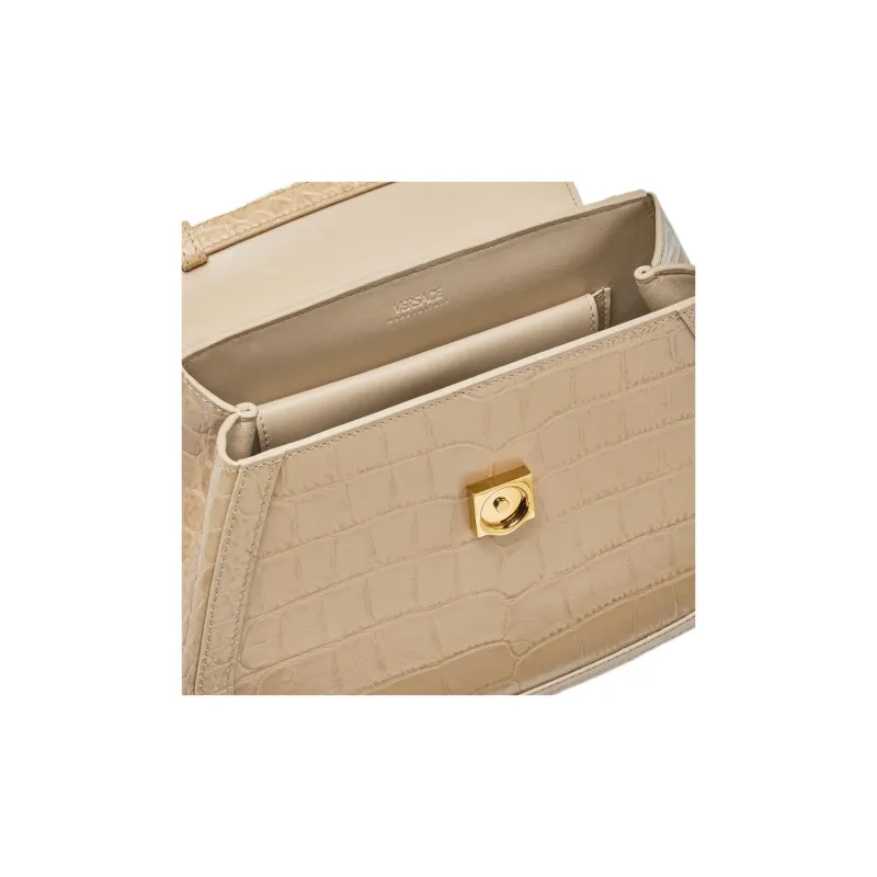 VERSACE Greca Goddess Crocodile Pattern Embossed Cow Leather Shoulder Bag Crossbody Bag Handbag Women's Beige-3