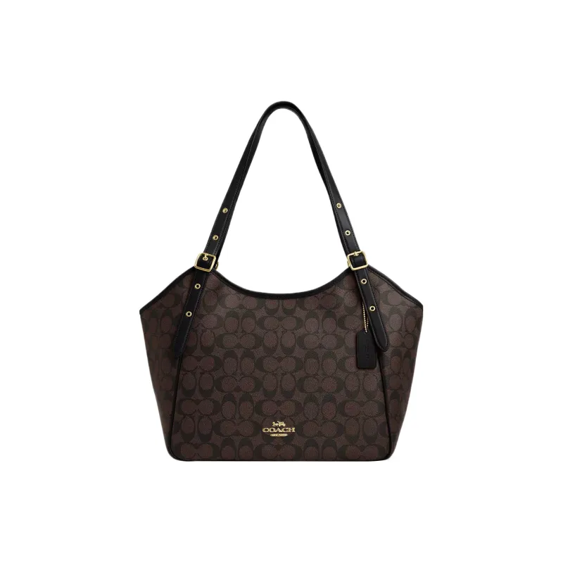 COACH Canvas With Leather Tote Bag Shopping Bag Handbag Shoulder Bag Women's Gold & Brown Black-0