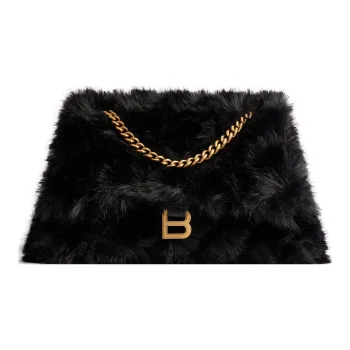 Balenciaga CRUSH Faux Fur Handbag Shoulder Bag Women's Black