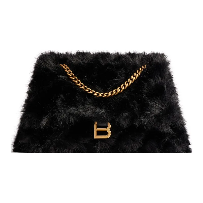 Balenciaga CRUSH Faux Fur Handbag Shoulder Bag Women's Black-0