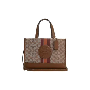 COACH Dempsey Fabric Cow Leather Patchwork One Shoulder Handbags Large Size Women's Khaki & Saddle Brown