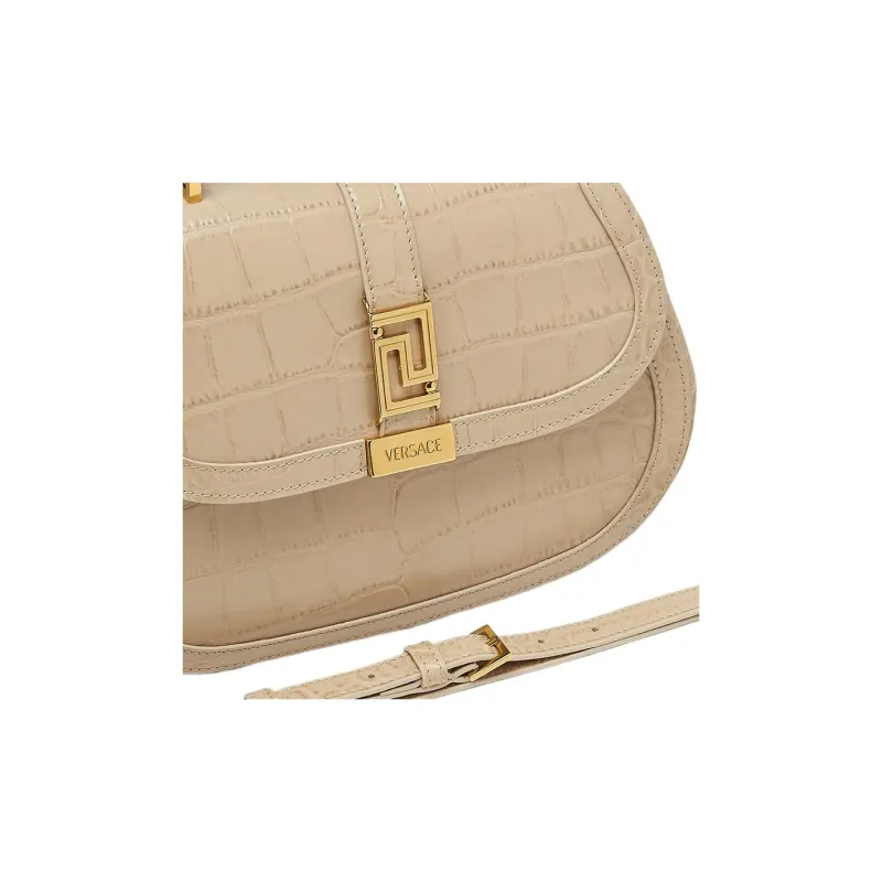 VERSACE Greca Goddess Crocodile Pattern Embossed Cow Leather Shoulder Bag Crossbody Bag Handbag Women's Beige-4