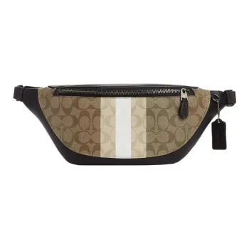 COACH Warren Coated Canvas With Smooth Calfskin Shoulder Bag Crossbody Bag Fanny Pack Large Size Men's Khaki & Black