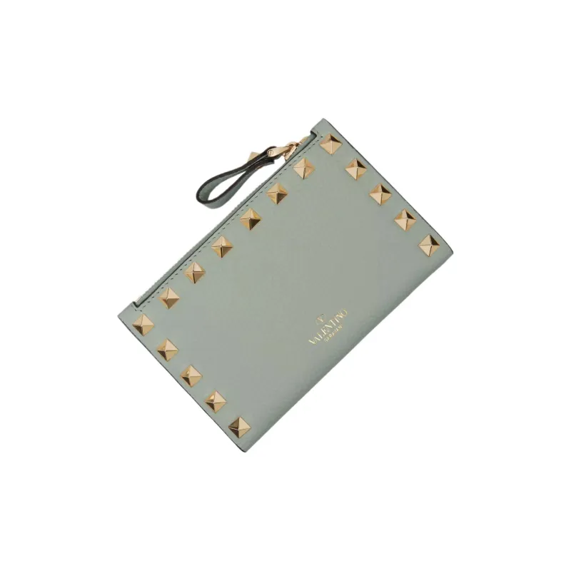 Valentino Rockstud Grained Calfskin Card Holder Women's Aqua Green-1