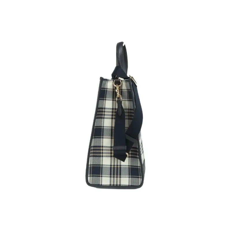 COACH Dempsey Fabric With Cow Leather Shoulder Bag, Crossbody Bag, Handbag Large Size Women's Black Beige Plaid-2