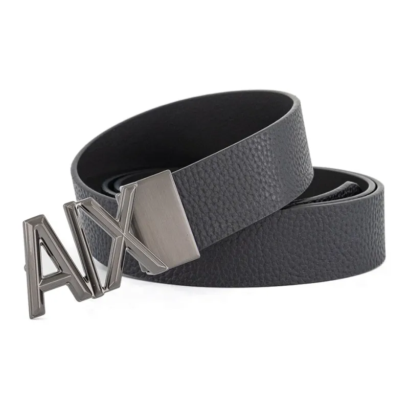 ARMANI EXCHANGE Brand Letter Smooth Buckle Leather Belts Men's Black Width 3.5CM-1