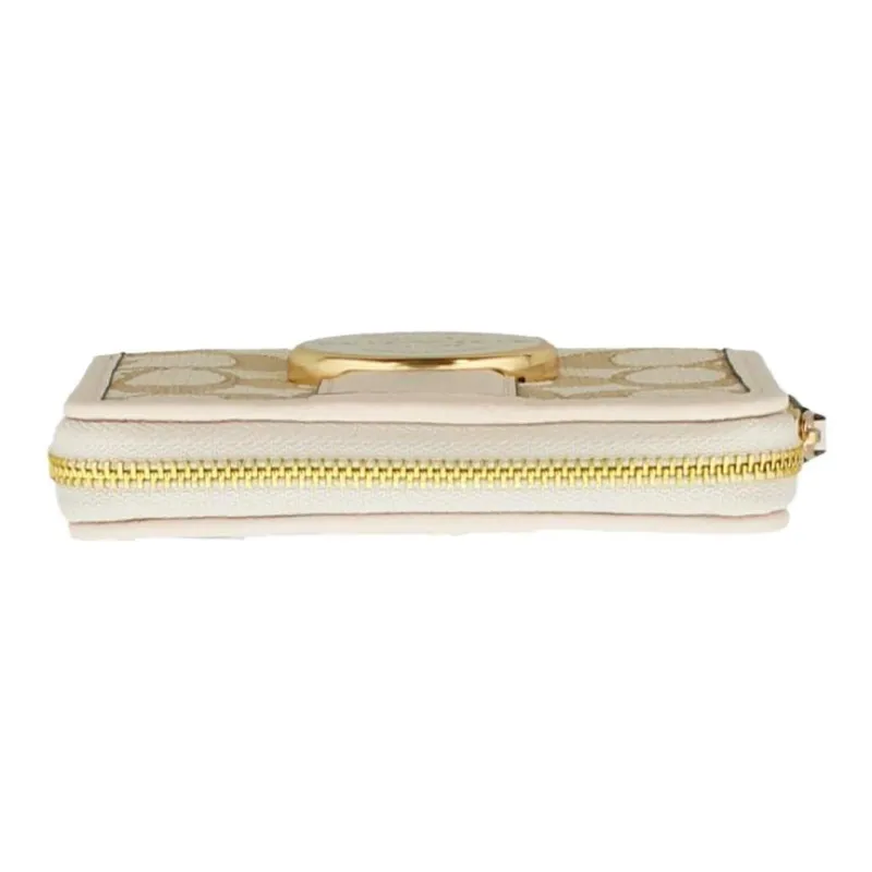 COACH Lonnie Jacquard Fabric With Cow Leather Clutch Wallet Trumpets Women's Light Khaki & White-3