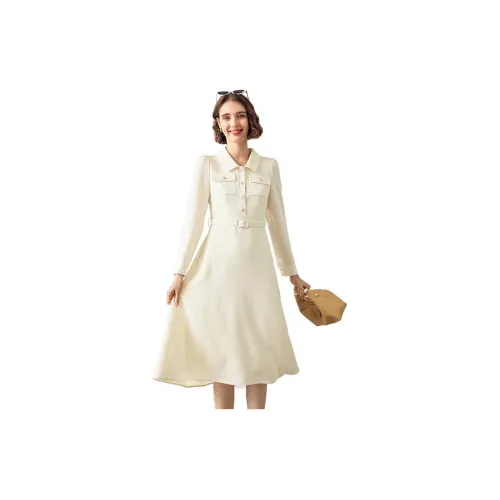 Famanxuan Long-Sleeved Dresses Women's Cream Yellow