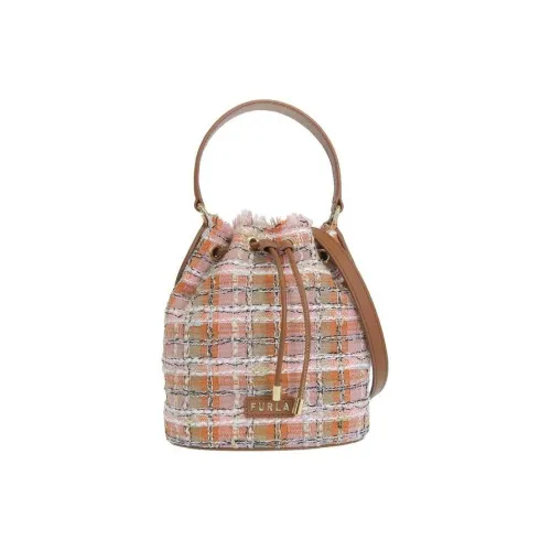 Furla Flannel Canvas Bucket Bag, Shoulder Bag, Crossbody Bag, Handbag Mini Women's Brown Multicolor