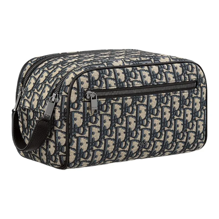 DIOR Oblique Jacquard With Grain Cow Leather Toiletry Bag Men's Beige & Black-1