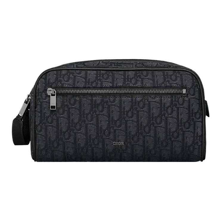 DIOR Oblique Jacquard With Grain Cow Leather Toiletry Bag Men's Black-0